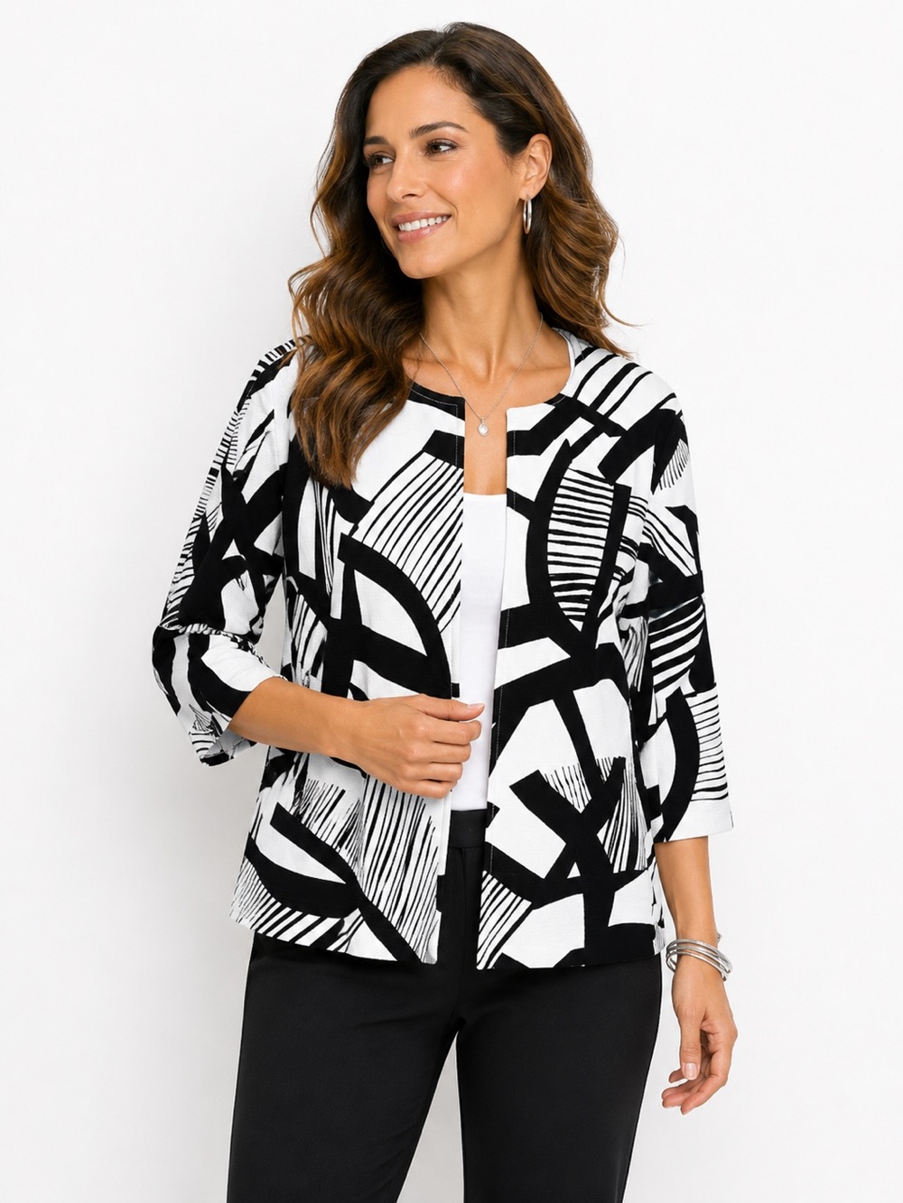 Chico’s Women’s NWT Black & White Graphic Open Jacket Blazer Large Collarless